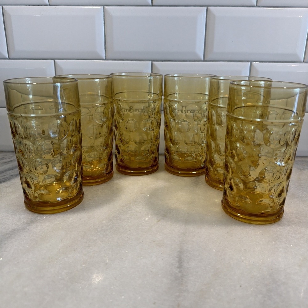 Vintage 8oz Set Of  6 Hazel‎ Atlas Amber Eldorado  Dots Glass Tumblers  GW009